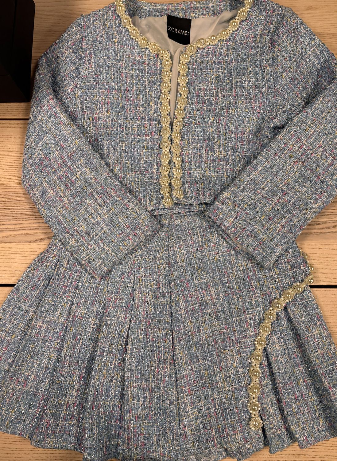 Z CRAVE BLUE TWEED SKIRT JACKET SET PEARL DETAIL ( M)