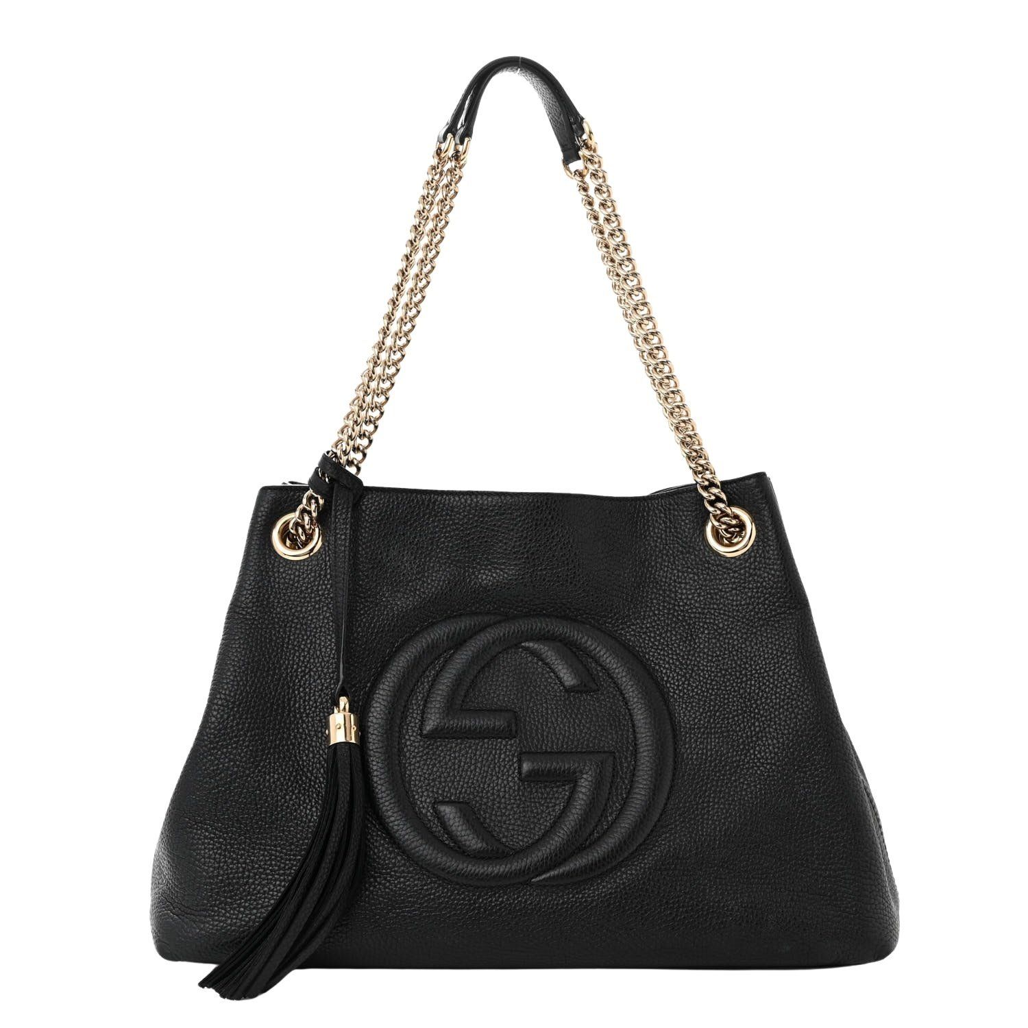 GUCCI PEBBLED CALFSKIN BLACK SOHO CHAIN SHOULDER BAG MEDIUM