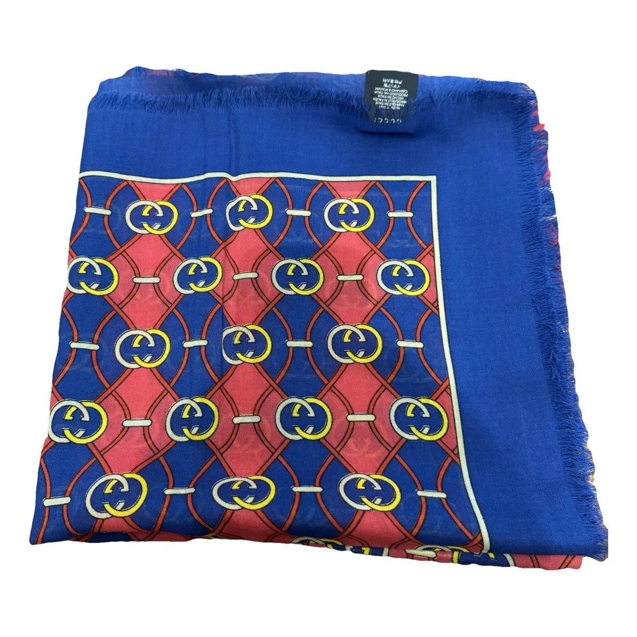 GUCCI GG WAVES RHOMBUS NAVY WOOL SILK SCARF