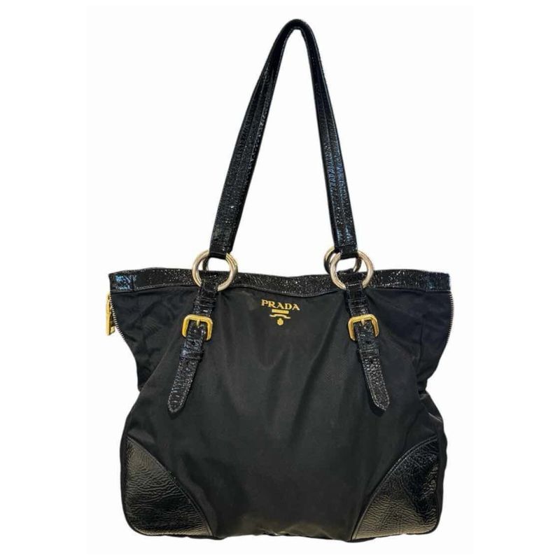 PRADA NYLON PATENT LEATHER CORNERS ZIP TOTE BAG LARGE
