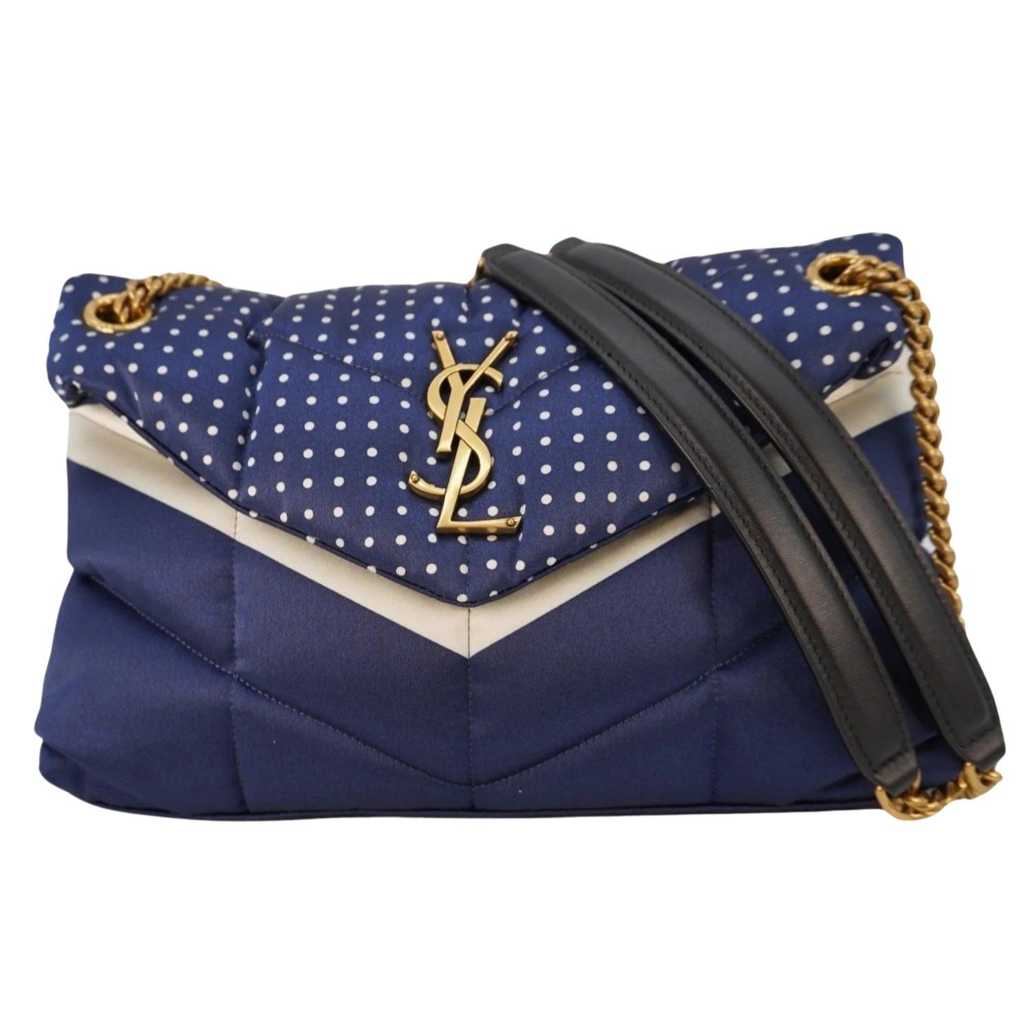 SAINT LAURENT NAVY BLUE POLKA DOTS LOULOU PUFFER BAG SMALL
