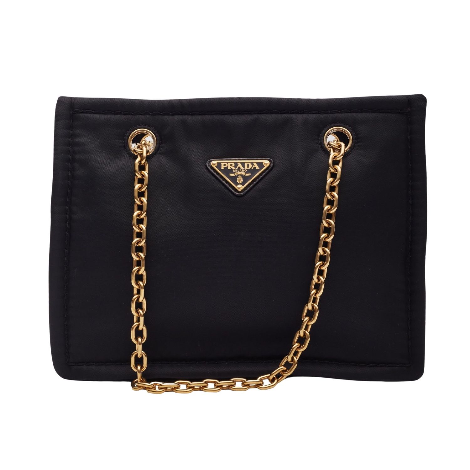 PRADA BLACK NYLON DOUBLE GOLD CHAIN TOTE BAG
