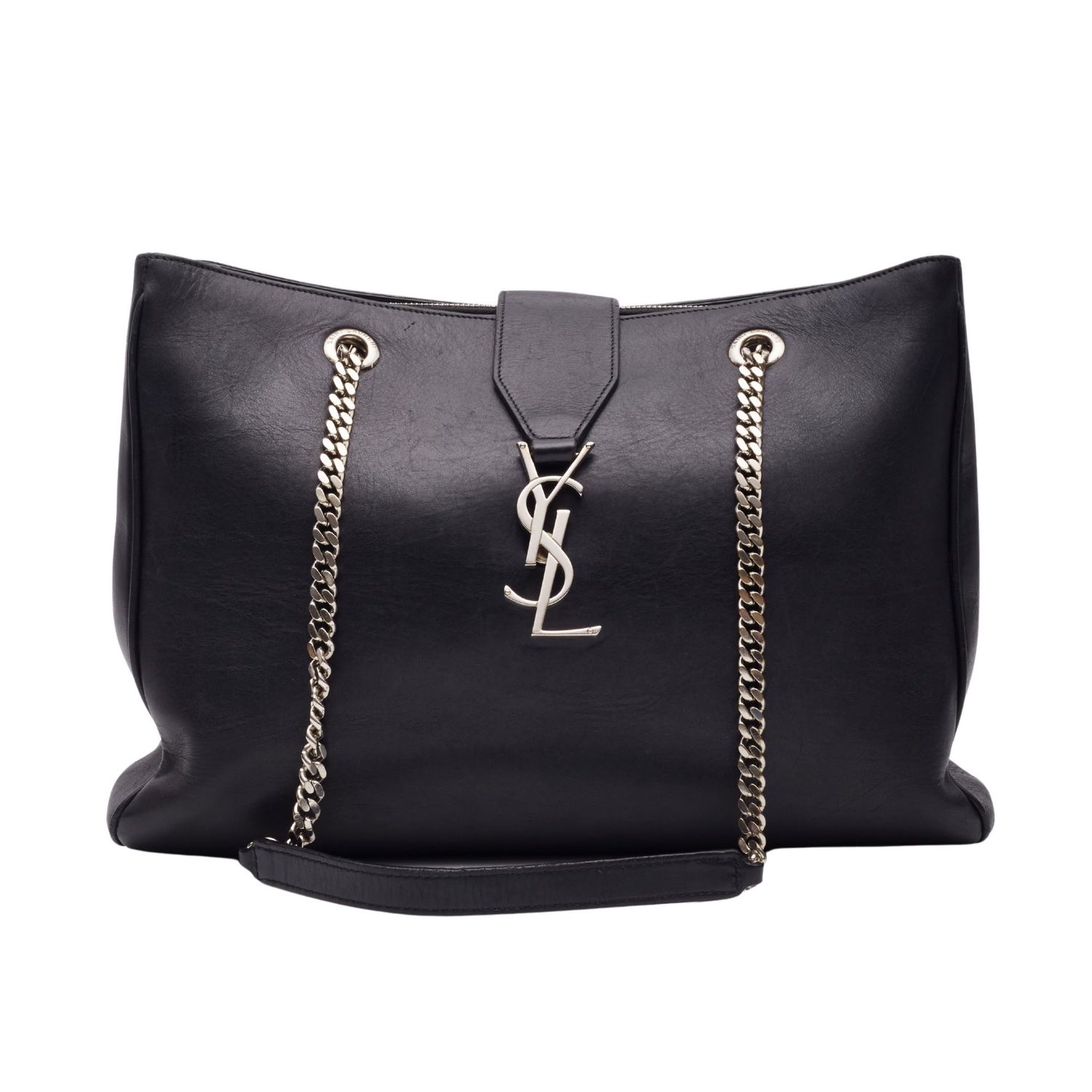 SAINT LAURENT GRAIN DE POUDRE BLACK MONOGRAM CHAIN TOTE BAG