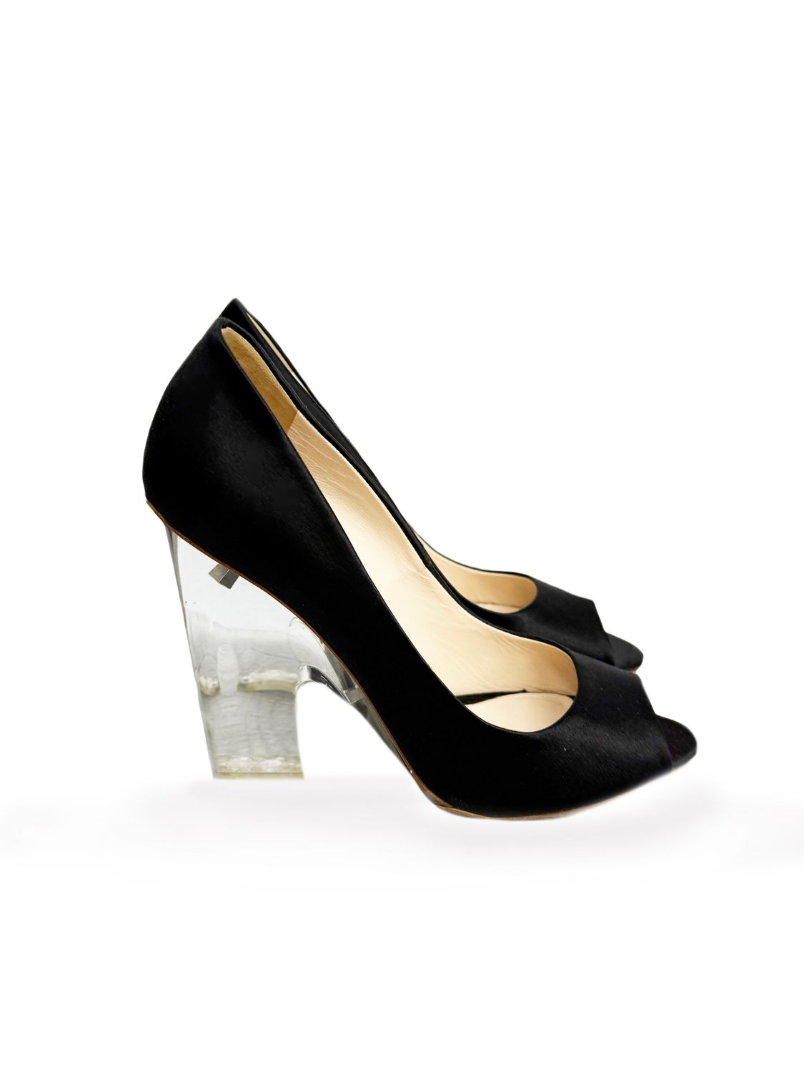PRADA BLACK SATIN PEEP TOE LUCITE HEEL PUMPS (38.5)