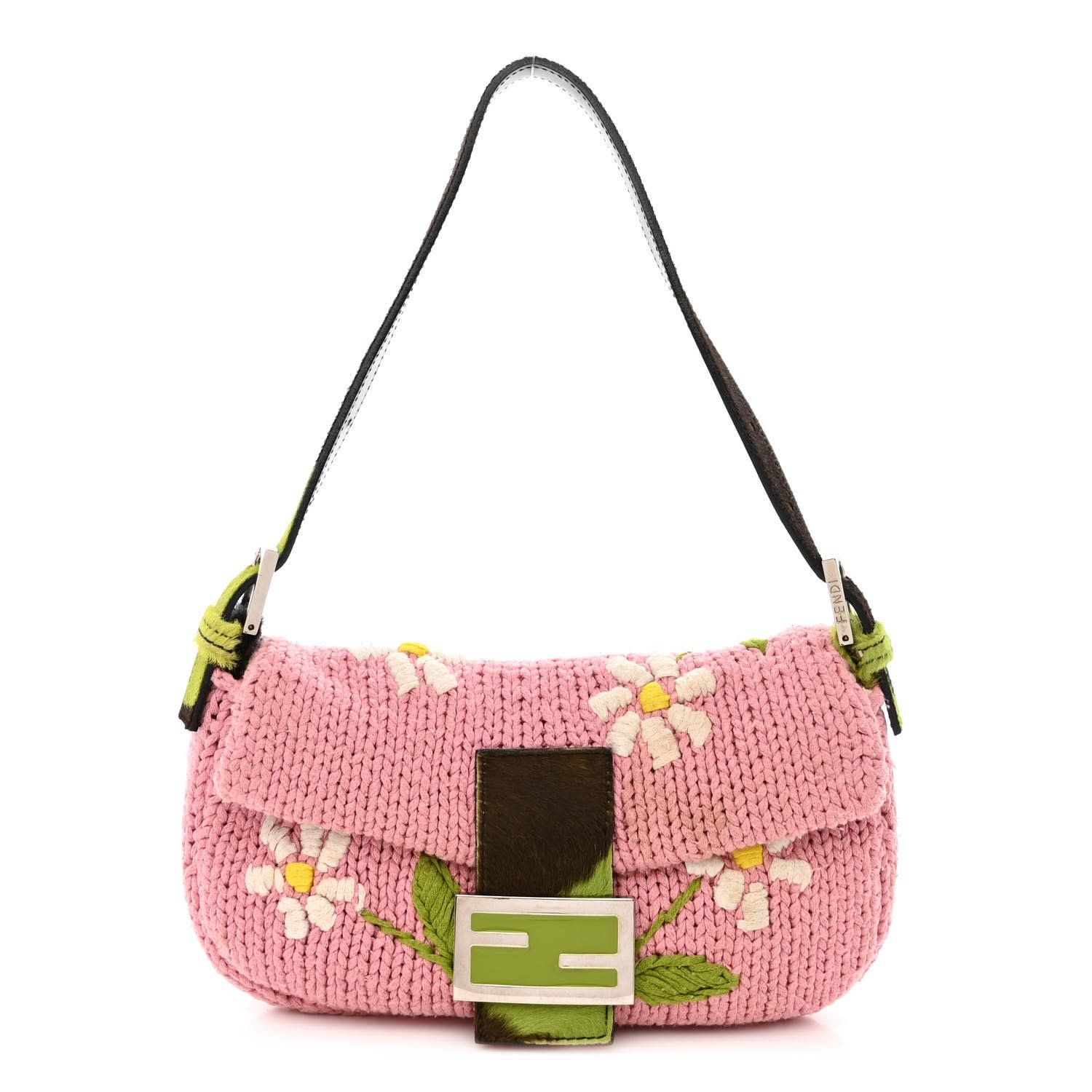 FENDI PINK KNIT FLORAL EMBROIDERED COWPRINT BAGUETTE BAG