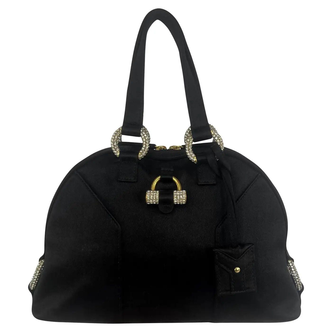 YVES SAINT LAURENT BLACK SILK SATIN CRYSTAL MUSE EVENING BAG MINI
