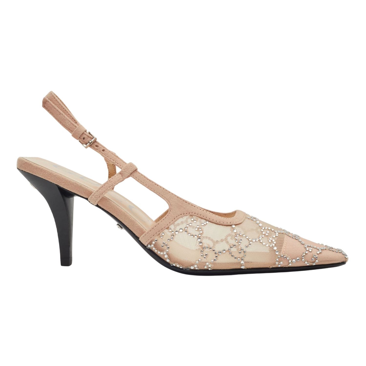 GUCCI GG CRYSTAL EMBELLISHED MESH BEIGE SLINGBACK HEEL, Size: EU 37