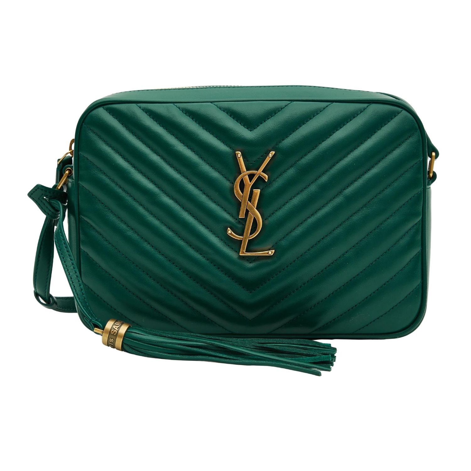 SAINT LAURENT CALFSKIN MATELASSE MONOGRAM LOU CAMERA BAG GREEN