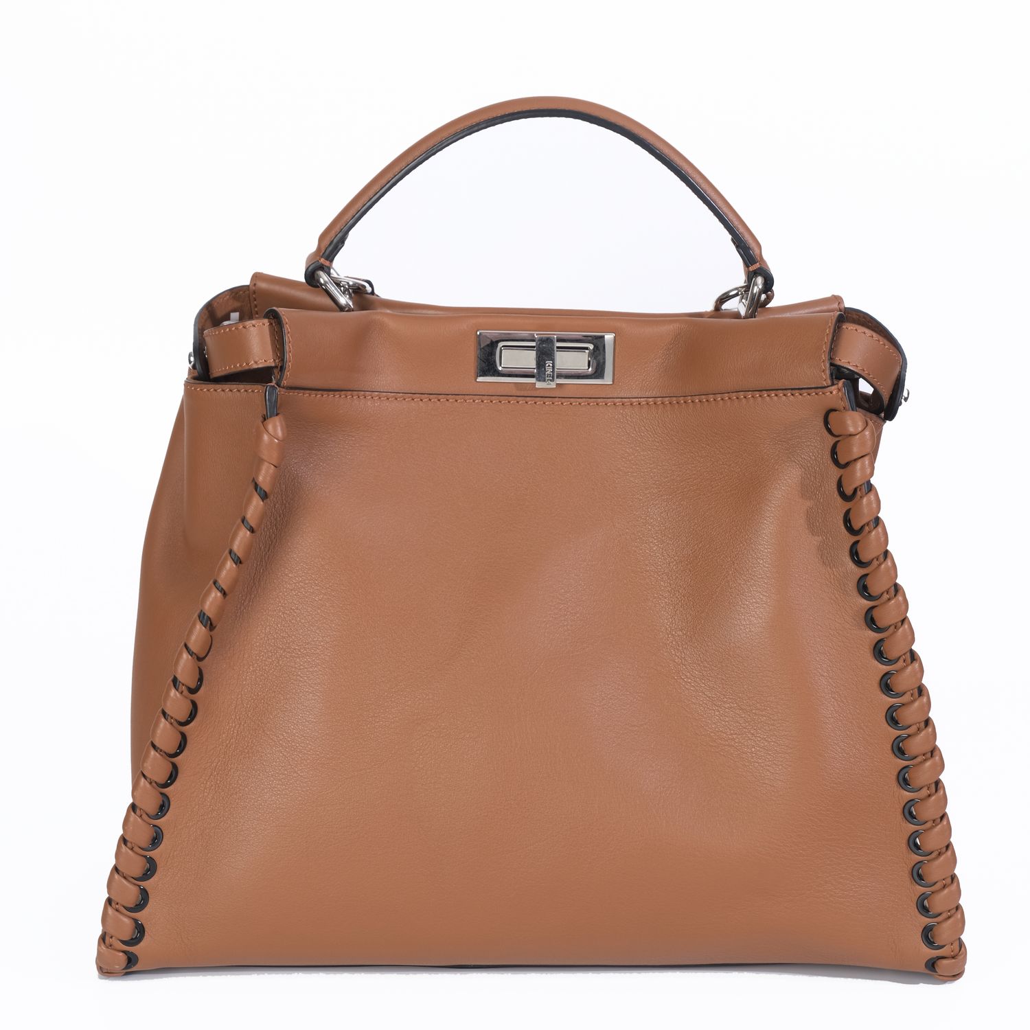 FENDI BROWN LEATHER LARGE WIP STITCH PEEKABOO TOP HANDLE BAG