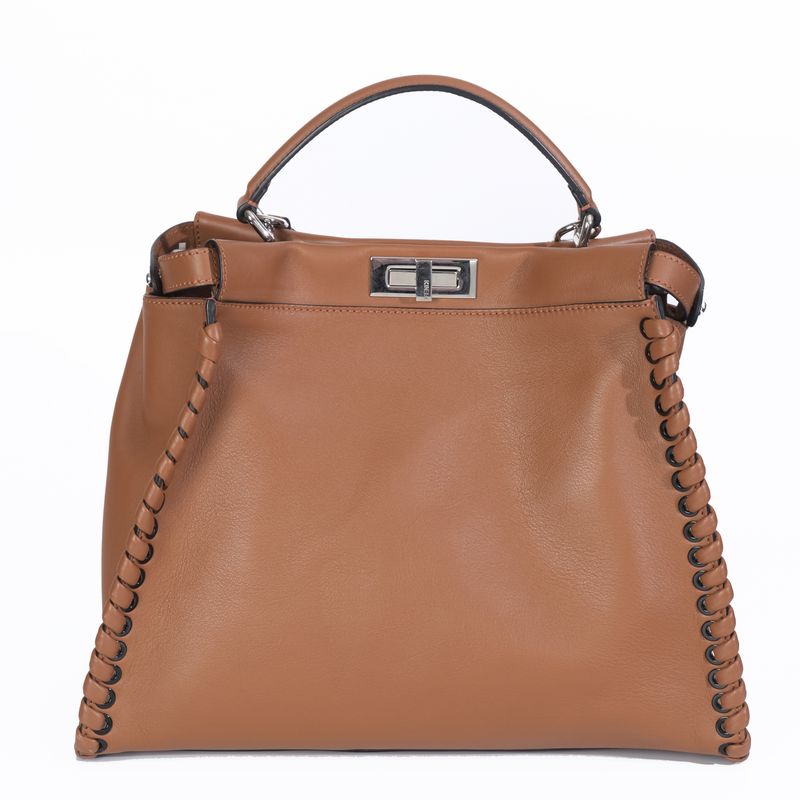 FENDI BROWN LEATHER LARGE WIP STITCH PEEKABOO TOP HANDLE BAG