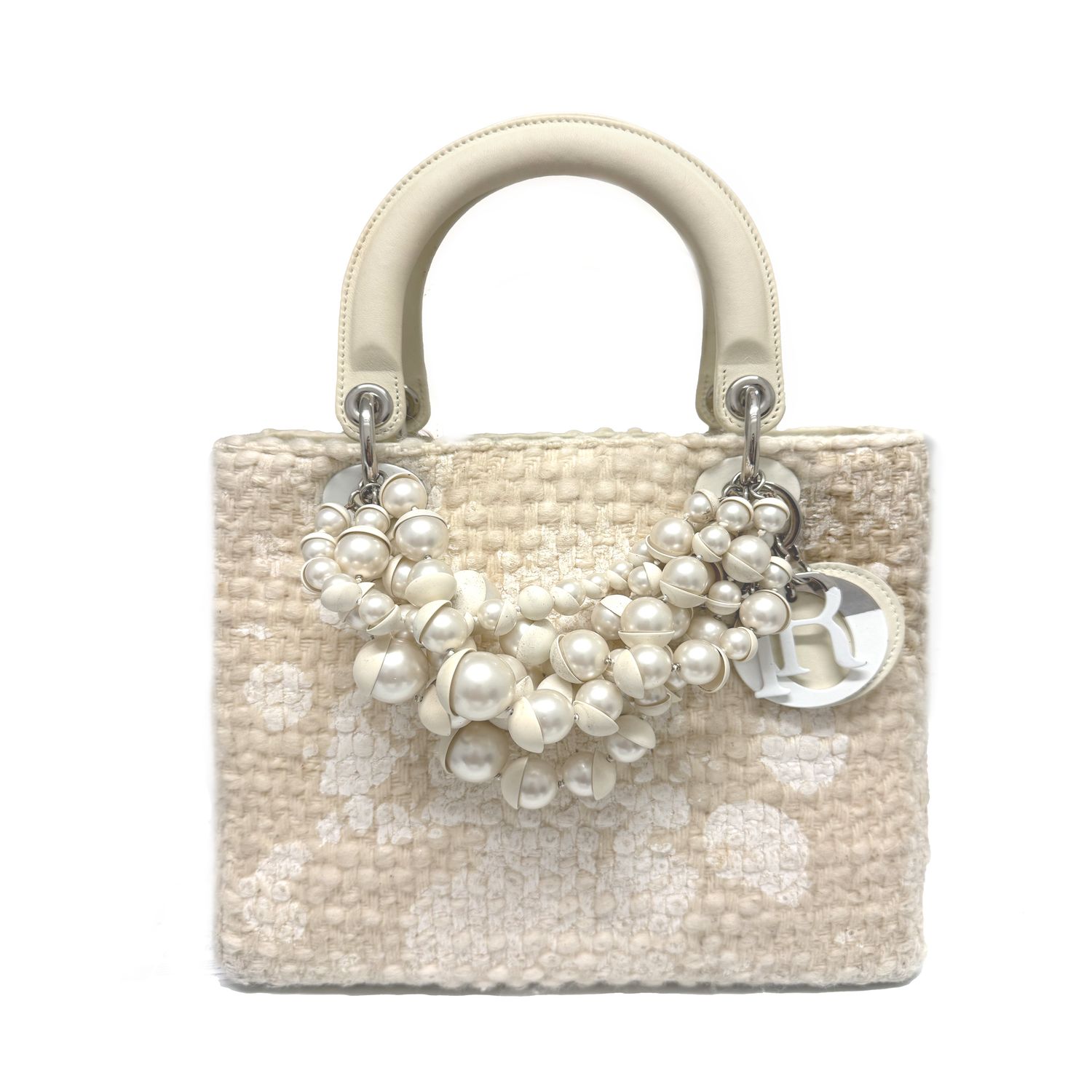 CHRISTIAN DIOR PEARL LADY DIOR BAG MEDIUM TWEED IVORY