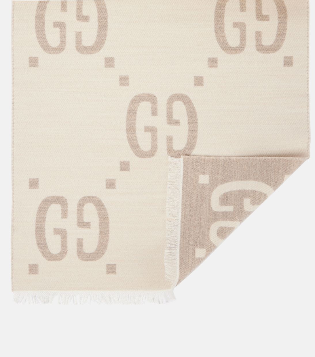 GUCCI GG JACQUARD WOOL SILK SCARF OFF WHITE AND GREY