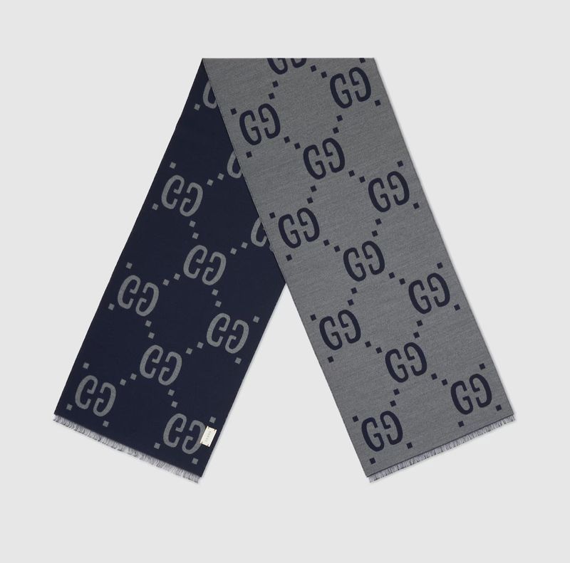GUCCI GG JACQUARD WOOL SILK SCARF BLUE AND GREY