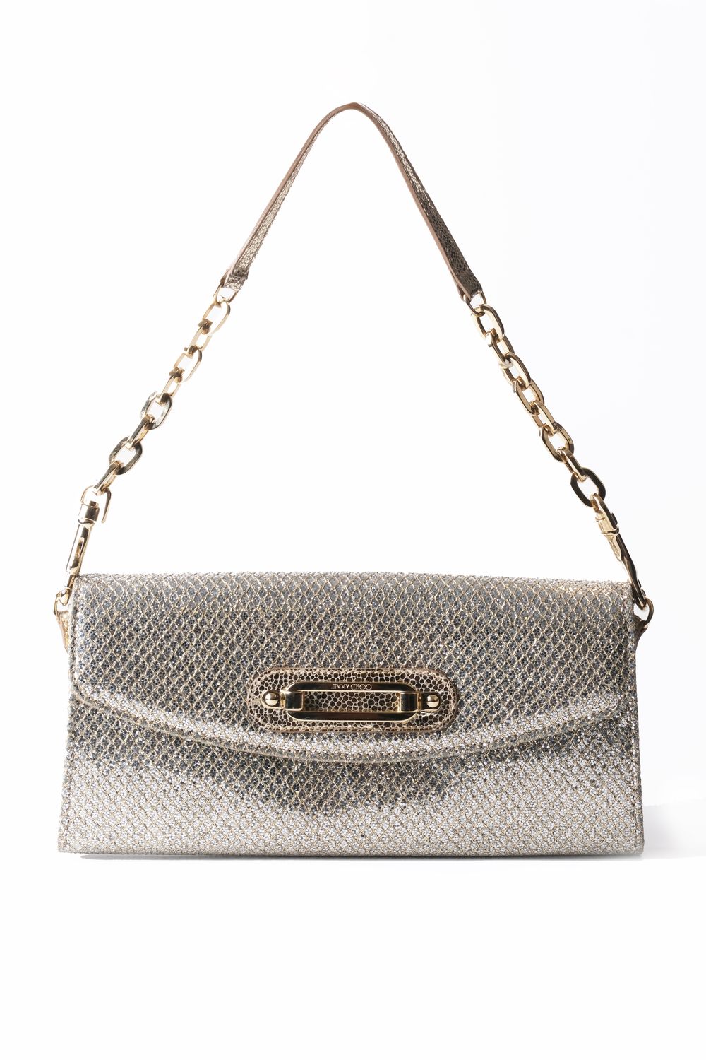 JIMMY CHOO  GLITTER RIANE CLUTCH WITH CHAIN