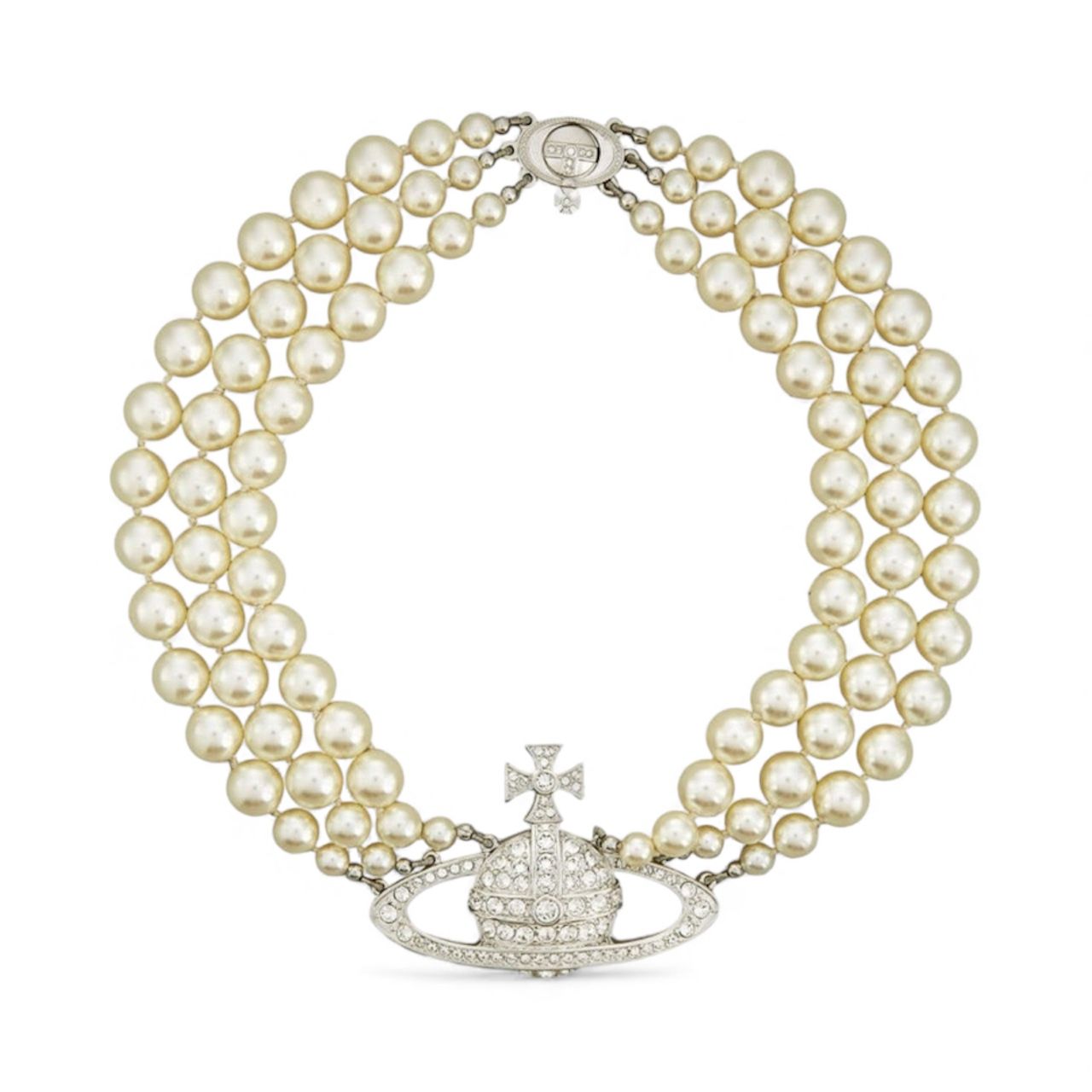 VIVIENNE WESTWOOD THREE ROW PEARL BAS RELIEF CHOKER SILVER