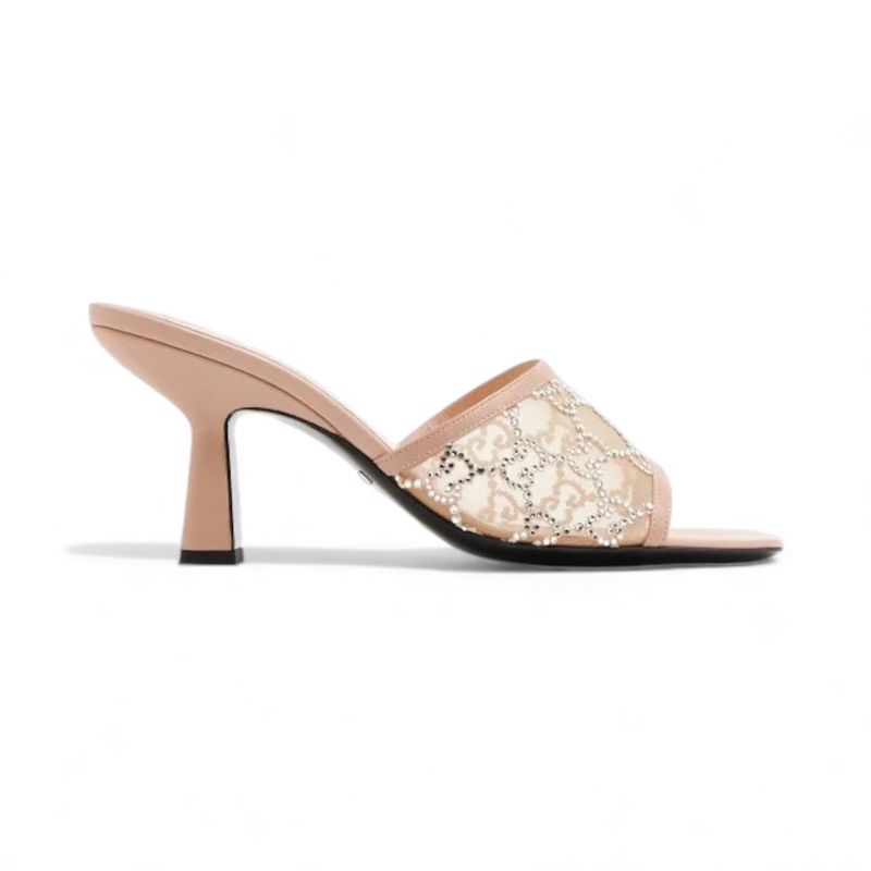 GUCCI GG CRYSTAL EMBELLISHED MESH SANDAL HEELS NUDE - SIZE 39