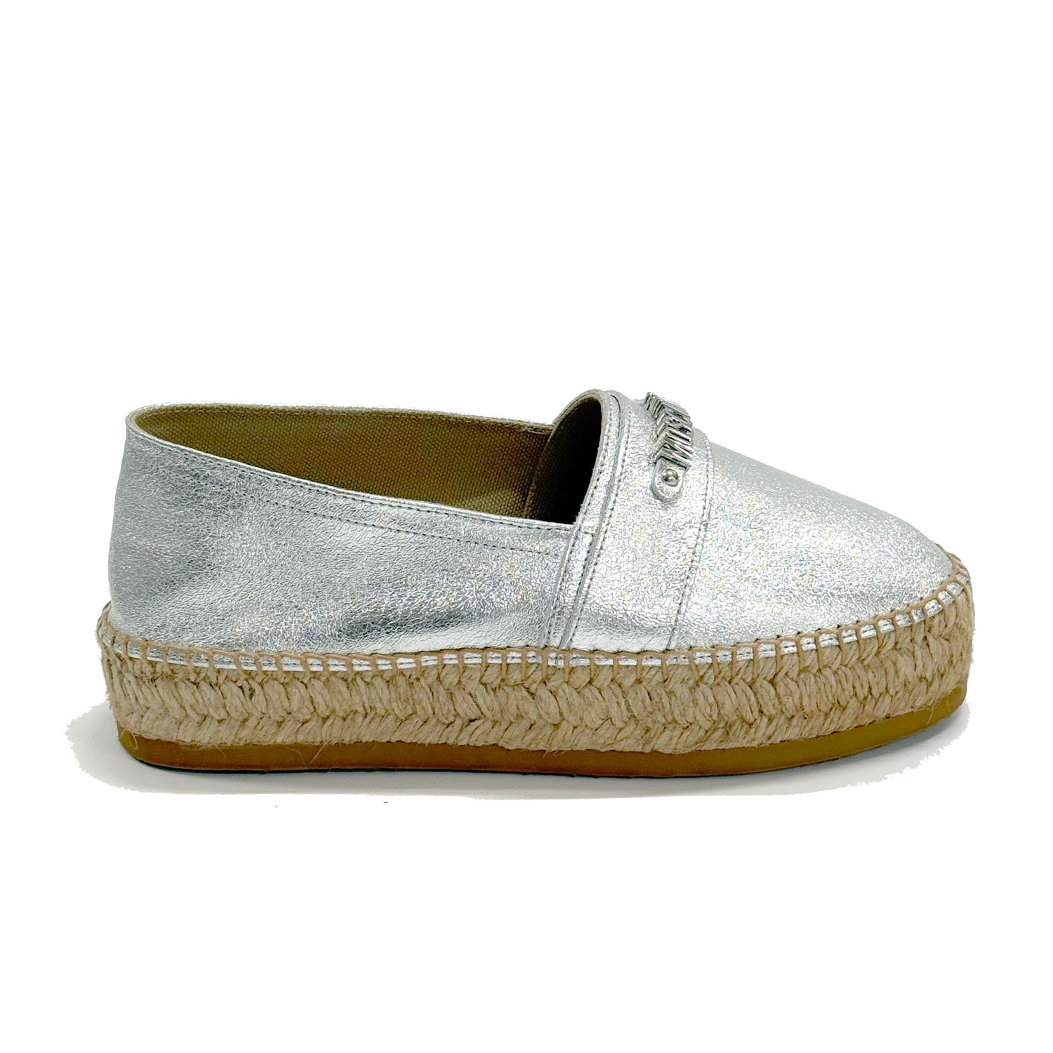 MOSCHINO SILVER METALLIC ESPADRILLES (LOGO PLATE, SIZE 38)