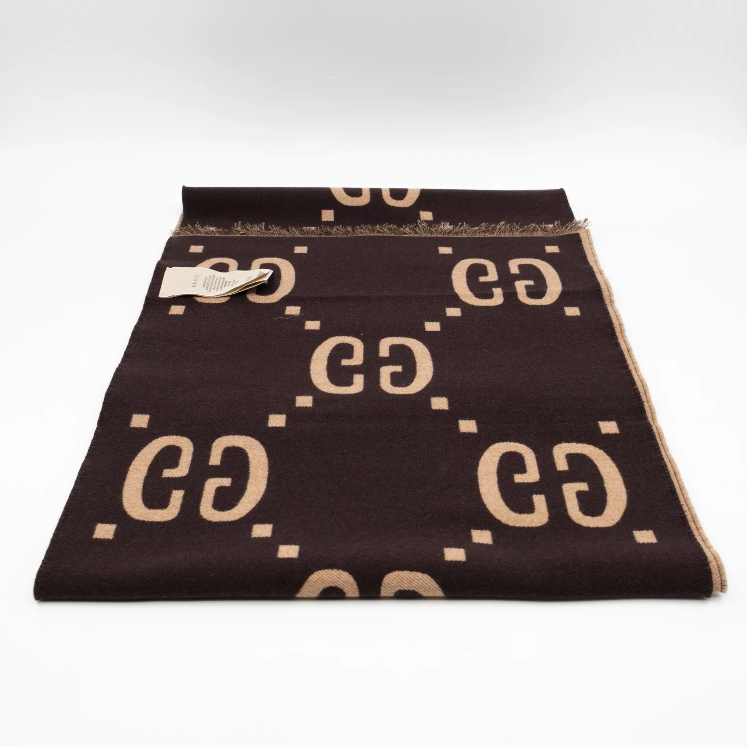 GUCCI GG JACQUARD WOOL SILF SCARF BROWN