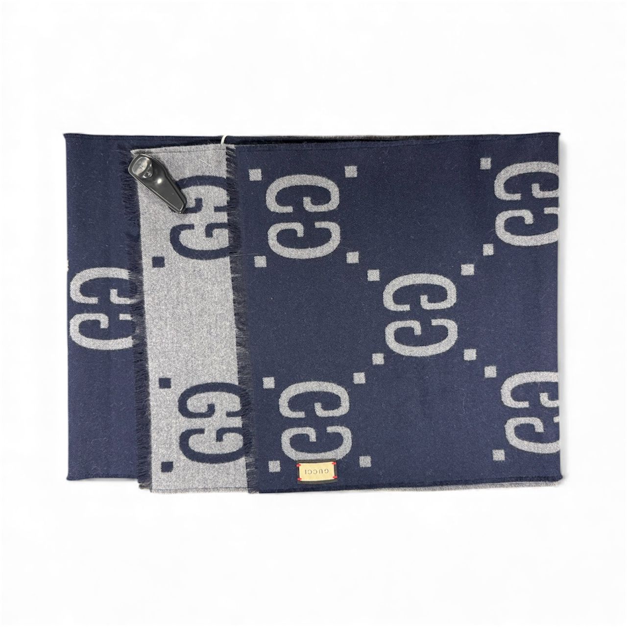 GUCCI GG JACQUARD WOOL SILK SCARF BLUE AND GREY