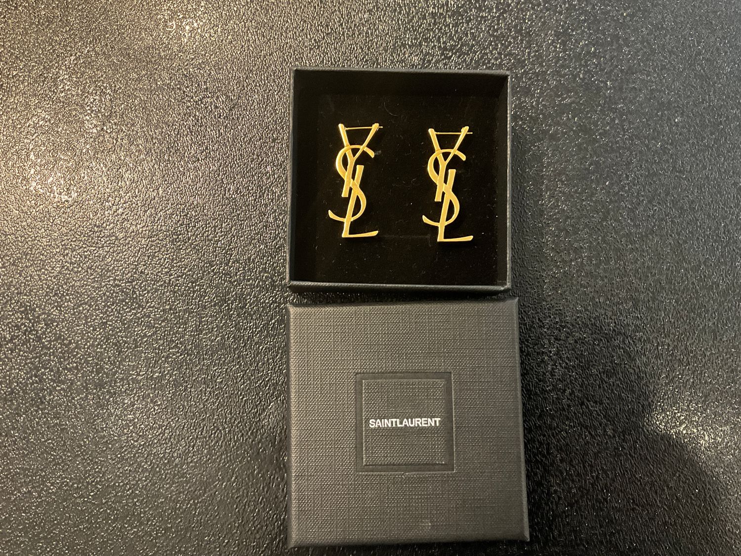 SAINT LAURENT GOLD LOGO EARRINGS