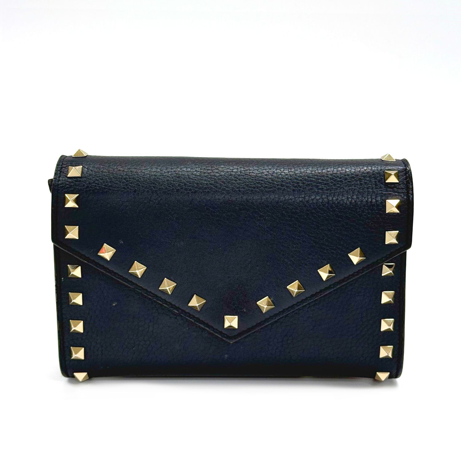 VALENTINO ROCKSTUD GRAINED LEATHER NAVY WALLET ON CHAIN