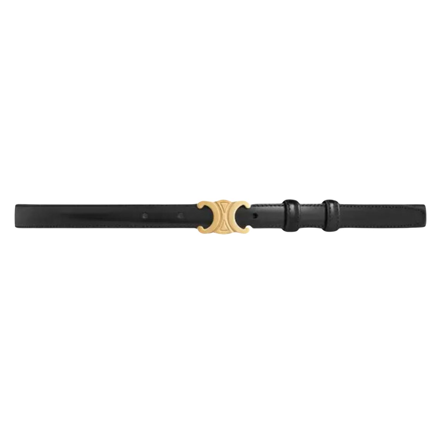 CELINE SMALL GOLD TRIOMPHE MOTIF BELT IN BLACK TAURILLON LEATHER, Size: 75