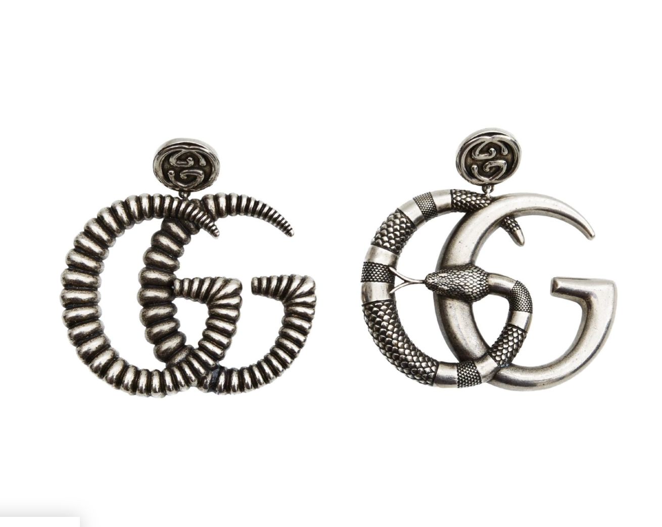 GUCCI ANTIQUED SILVER TONE SNAKE MISMATCH EARRINGS