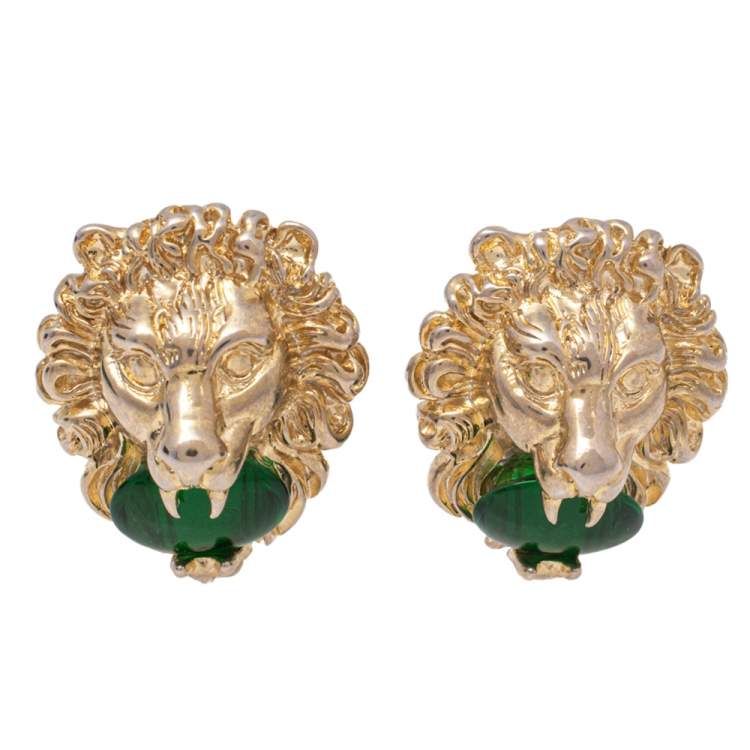 GUCCI LION HEAD GG ANTIQUED GOLD CLIP-ON EARRINGS