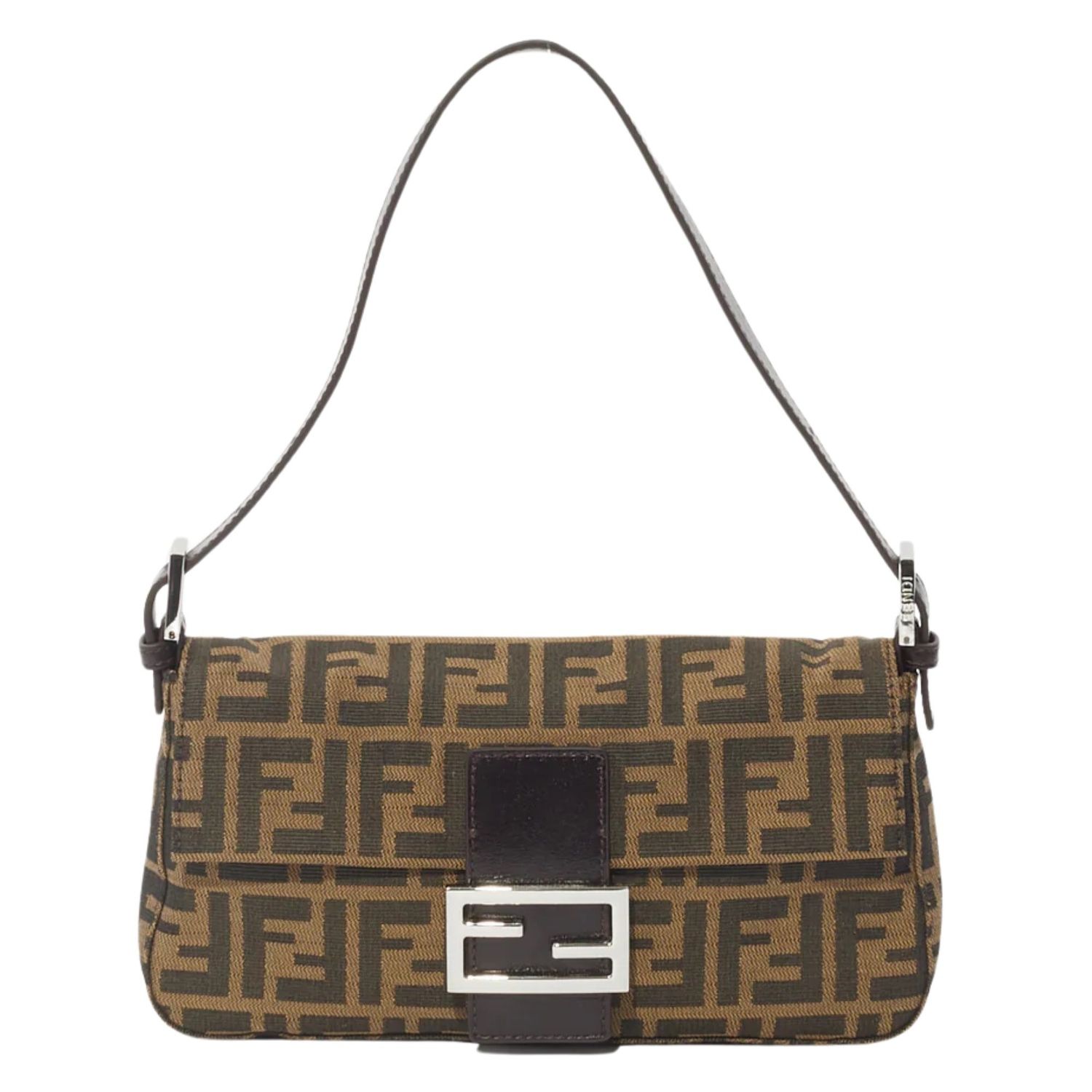 FENDI BROWN ZUCCA MONOGRAM BAGUETTE BAG SILVER HARDWARE