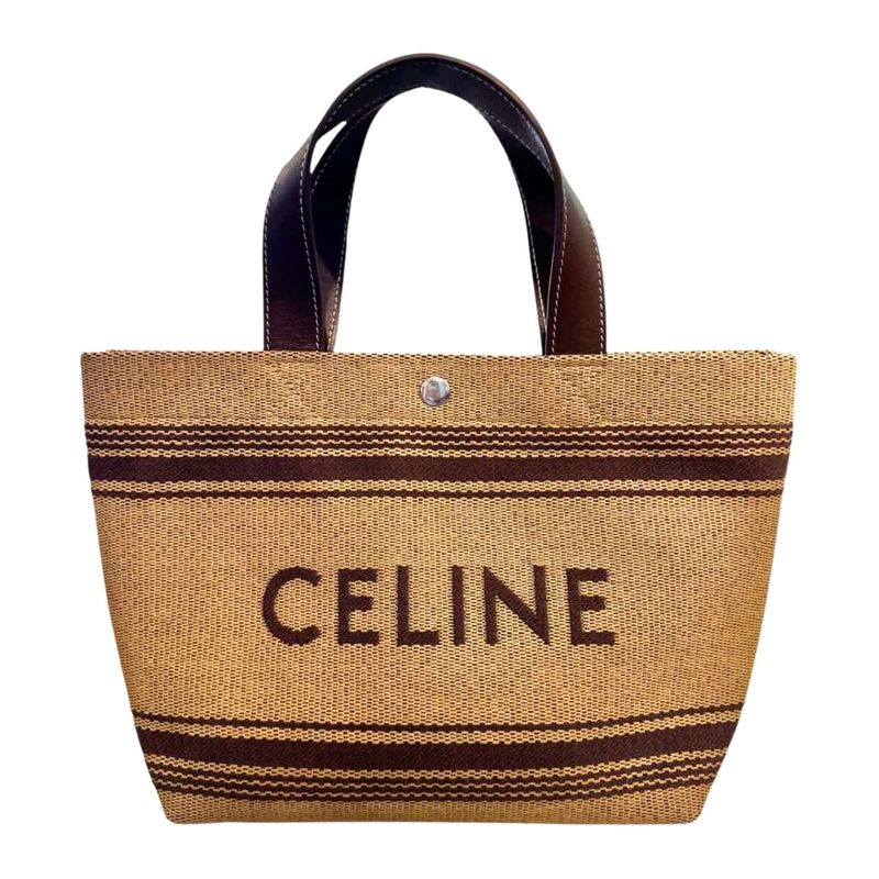 CELINE CABAS LEATHER TRIMMED LOGO RAFFIA TOTE BAG MINI