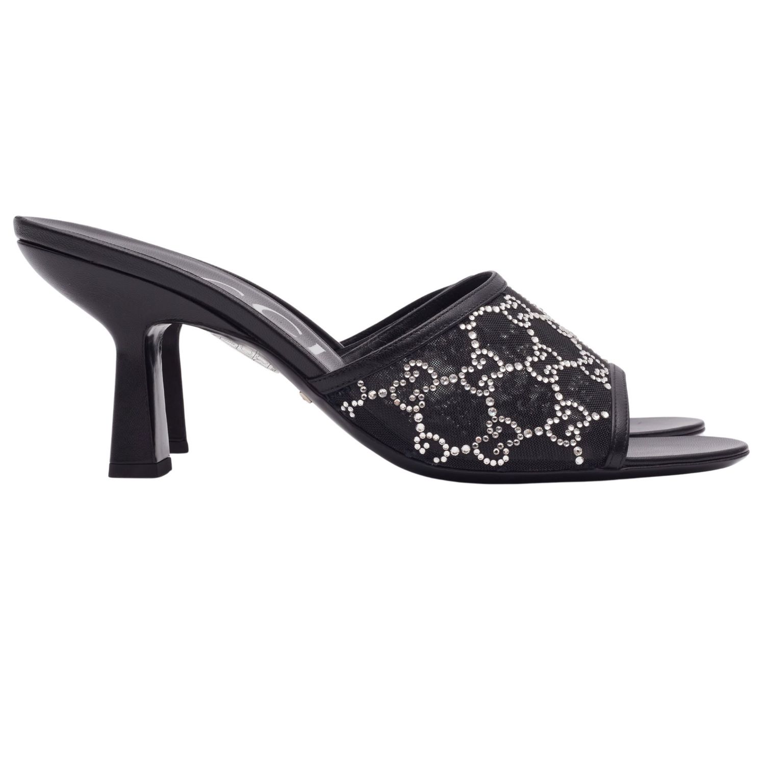 GUCCI GG CRYSTAL EMBELLISHED MESH BLACK SANDAL HEELS (EU 42)