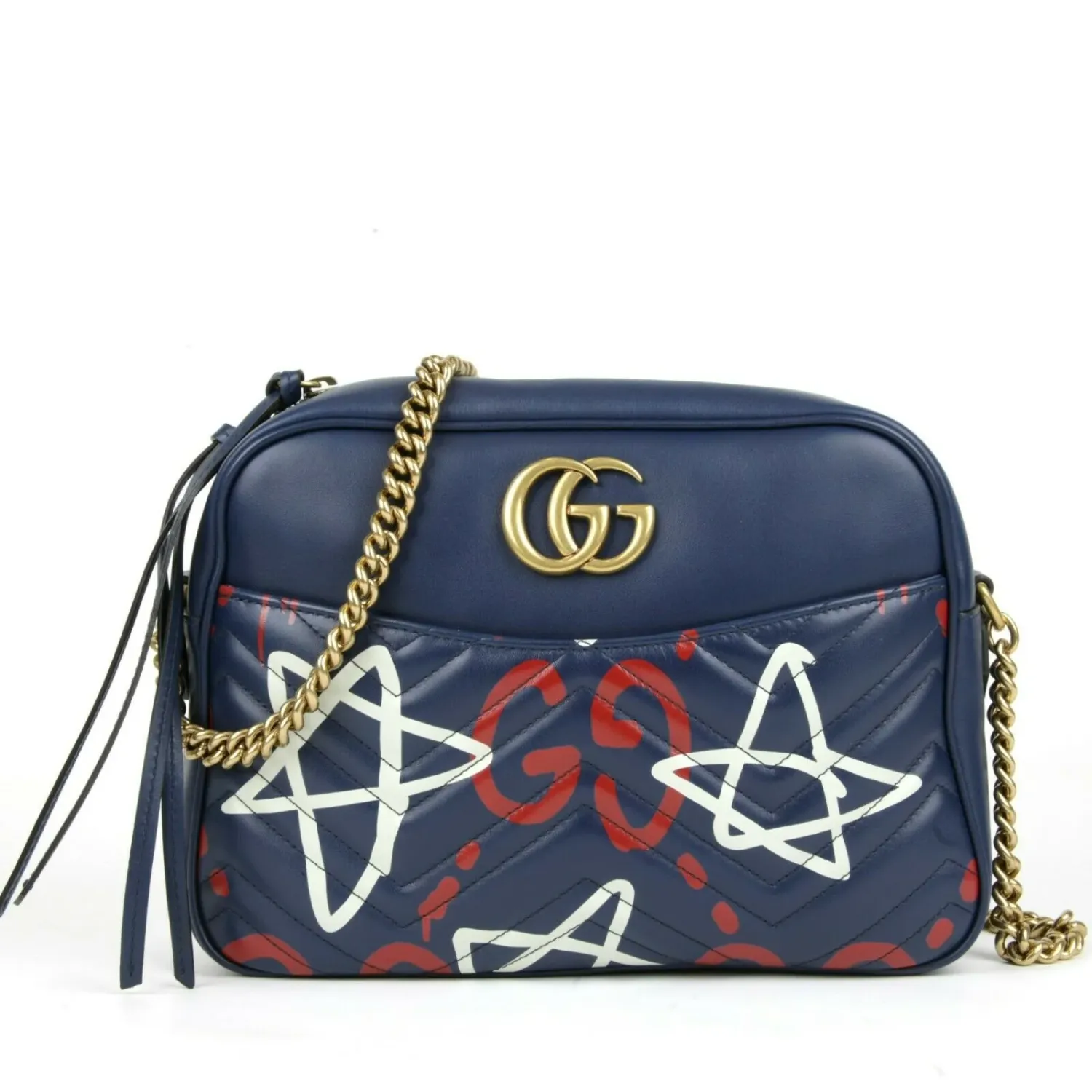 GUCCI GG MARMONT CALF GHOST SHOULDER BAG BLUE RED SMALL