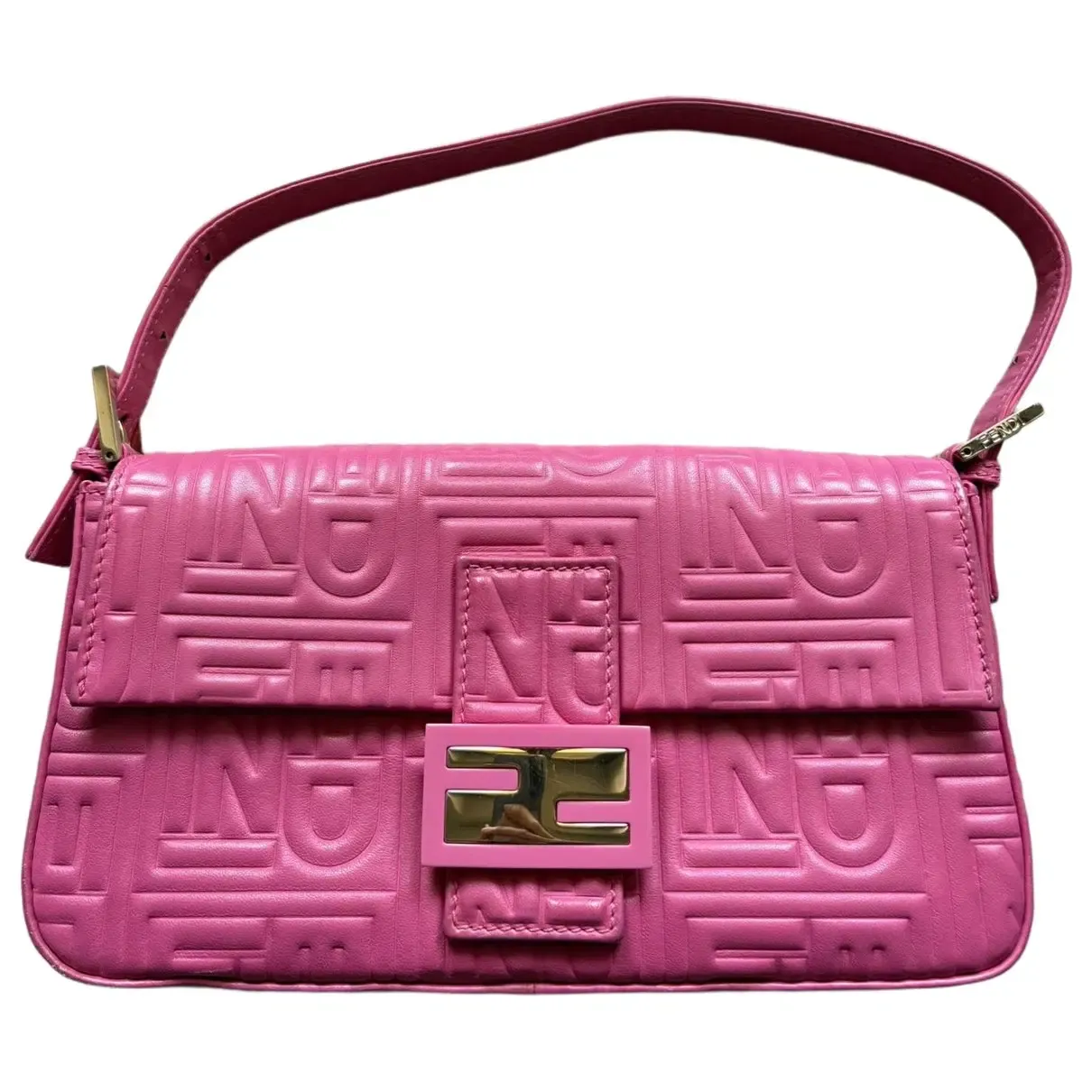 FENDI PINK LOGO EMBOSSED NAPPA LEATHER BAGUETTE BAG
