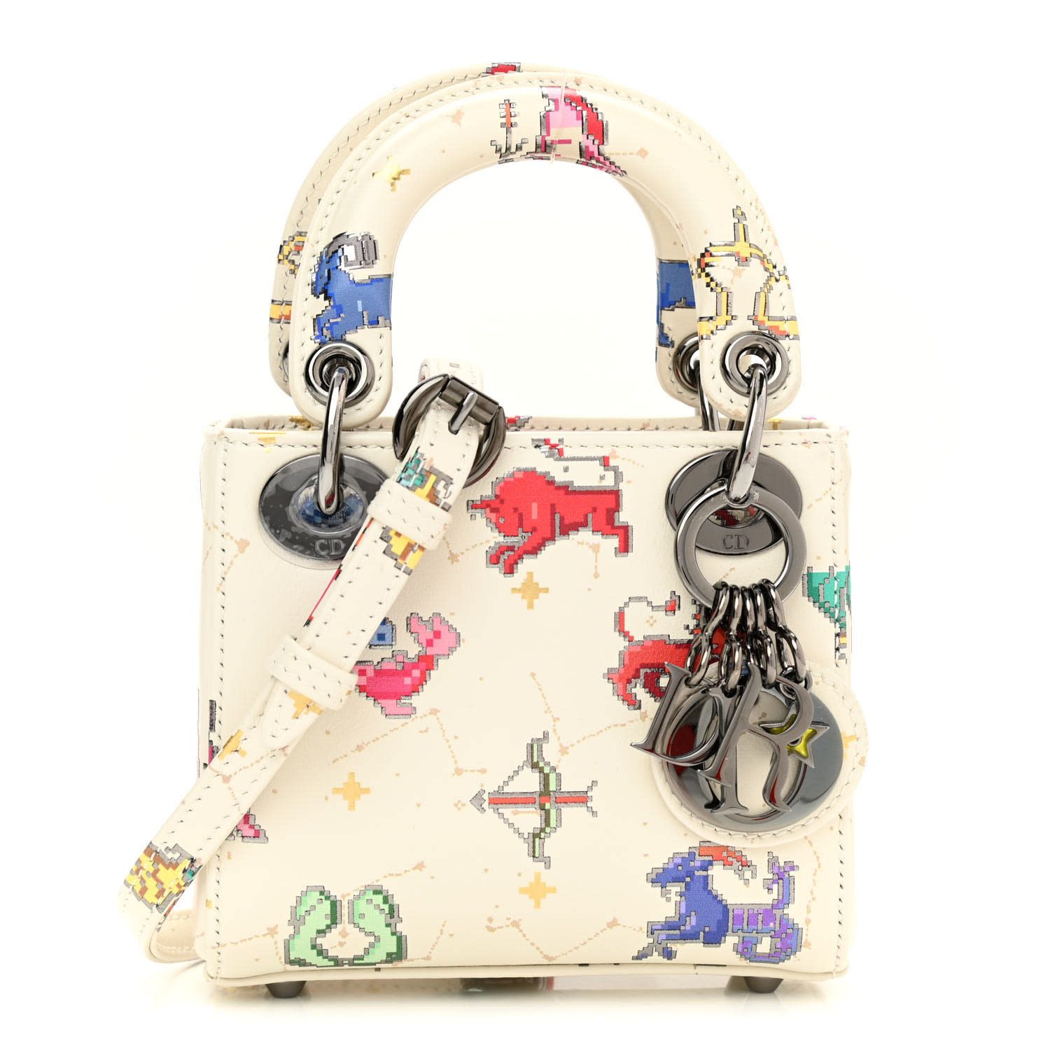 DIOR SMOOTH WHITE CALFSKIN ZODIAC PIXEL PRINTED MICRO LADY DIOR