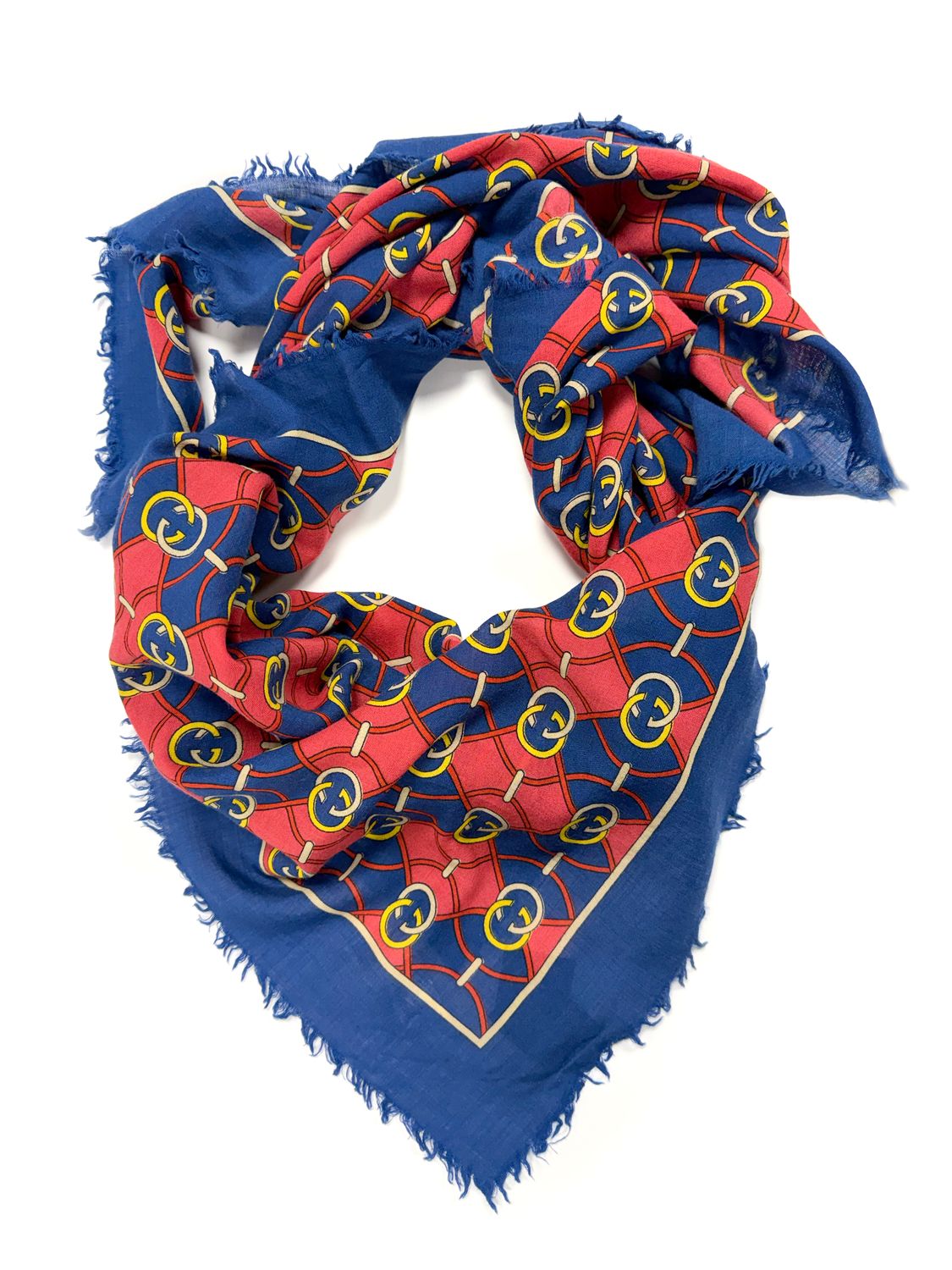 GUCCI GG WAVES RHOMBUS NAVY WOOL SILK SCARF