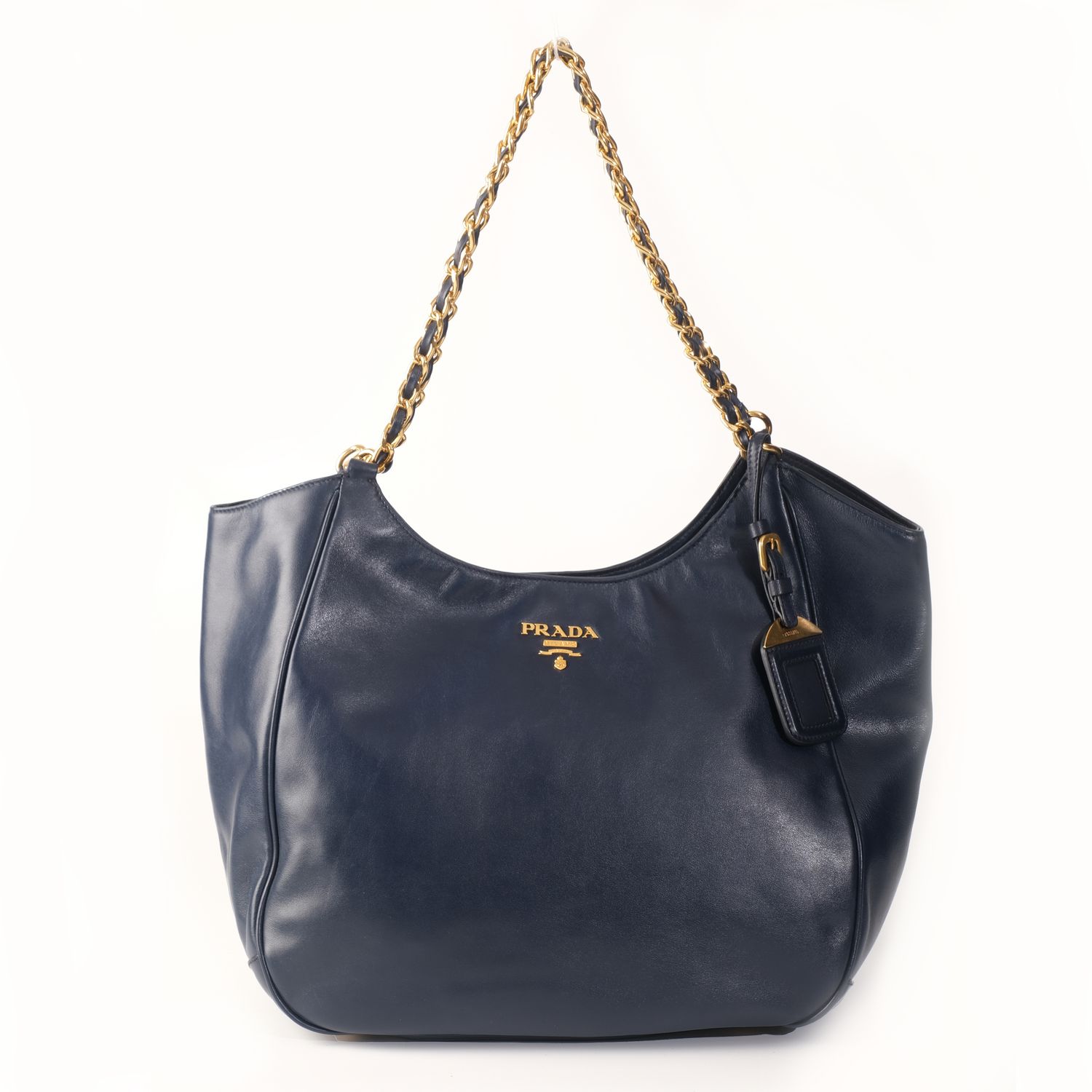 PRADA BALTICO CALFSKIN LEATHER CHAIN BLUE TOTE BAG