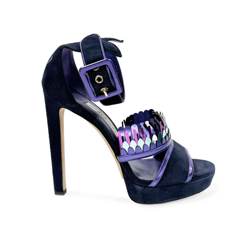 JIMMY CHOO SUEDE FRINGE TRIM ACCENT PURPLE SANDALS