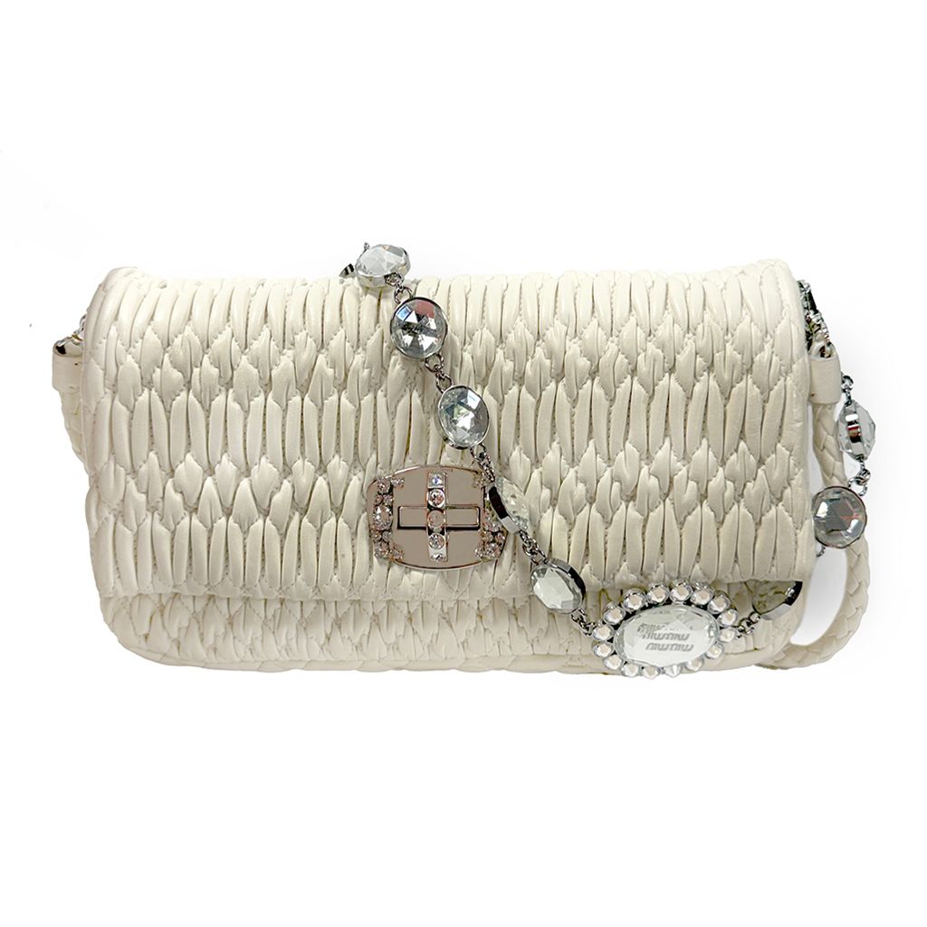 MIU MIU CRYSTAL EMBELLISHED MATELASSE LEATHER CREAM SHOULDER BAG