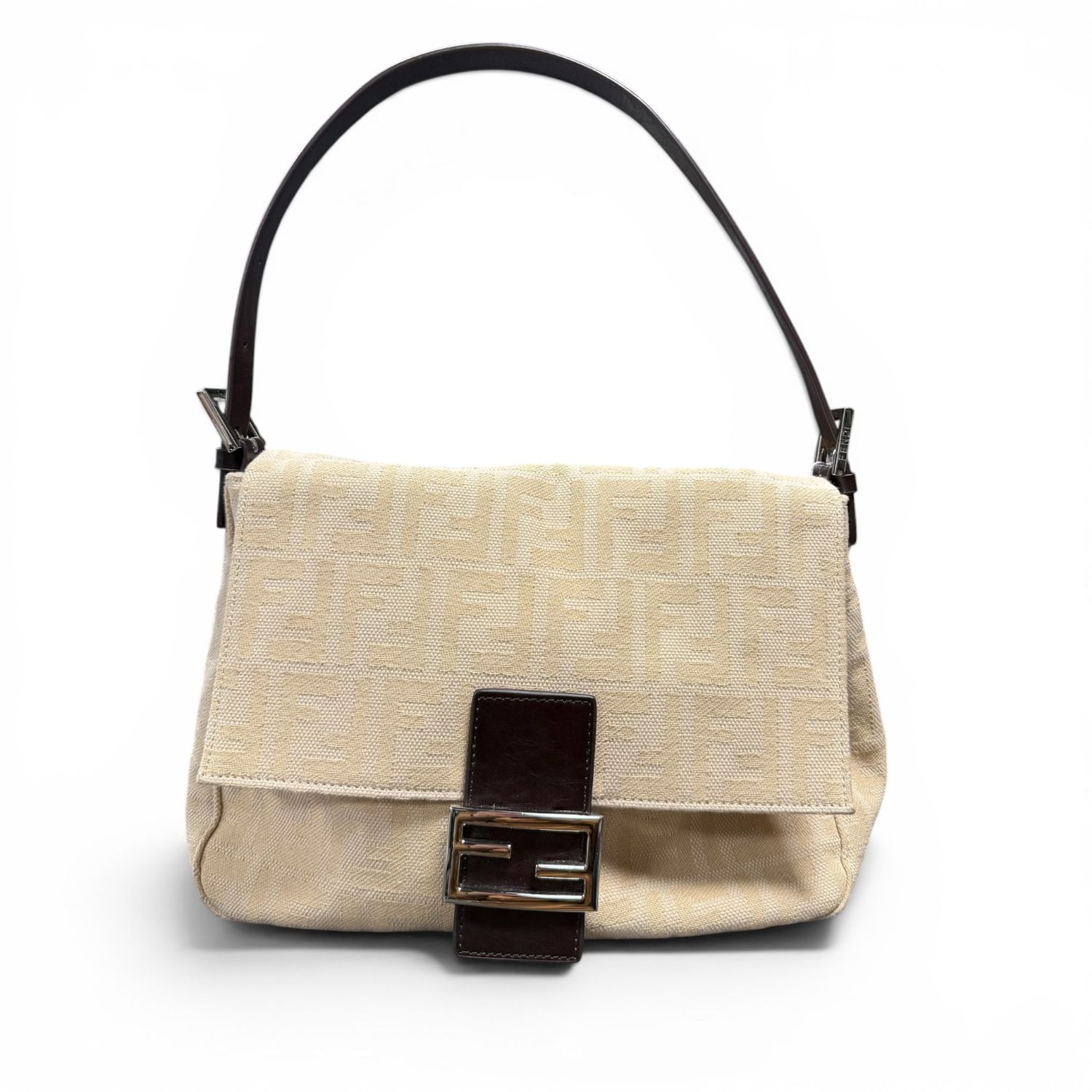 FENDI ZUCCA CREAM MAMA BAGUETTE CANVAS LEATHER BAG
