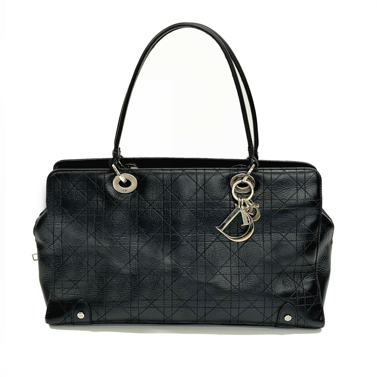 CHRISTIAN DIOR BLACK CANNAGE LEATHER EAST WEST LADY DIOR SHOULDER BAG