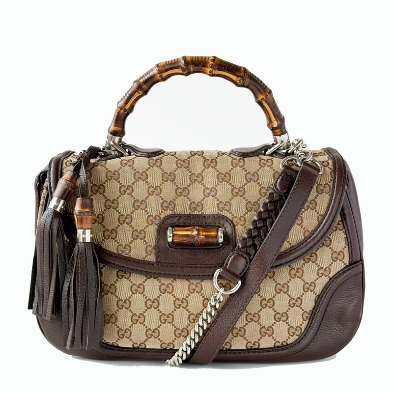 GUCCI BAMBOO 1947 MONOGRAM BEIGE TOP HANDLE  BAG