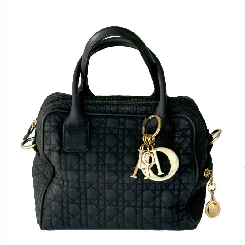 CHRISTIAN DIOR BLACK LADY DIOR CANNAGE  NYLON QUILTED HANDBAG