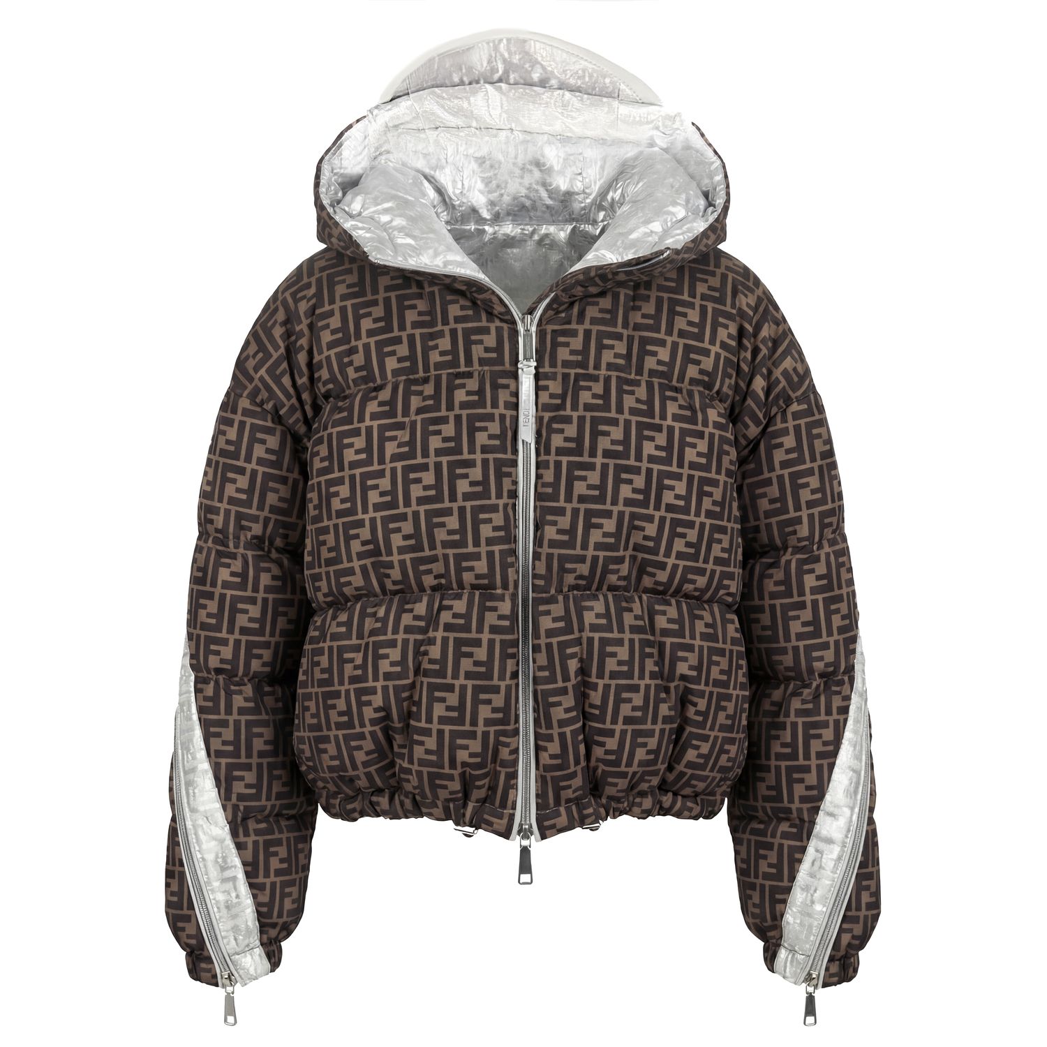 FENDI FF LOGO BROWN METALLIC REVERSIBLE PUFFER JACKET (SIZE L)