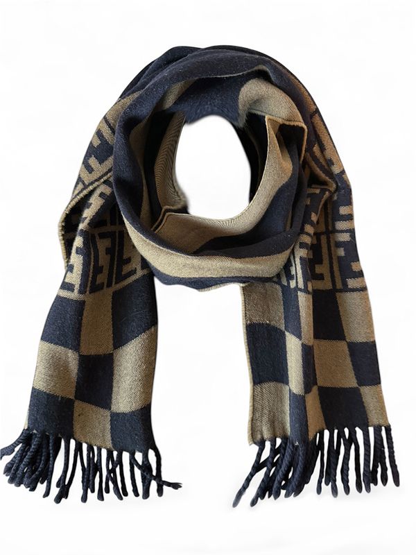 FENDI WOOL FF SCARF ZUCCA STRIPE BROWN/NAVY