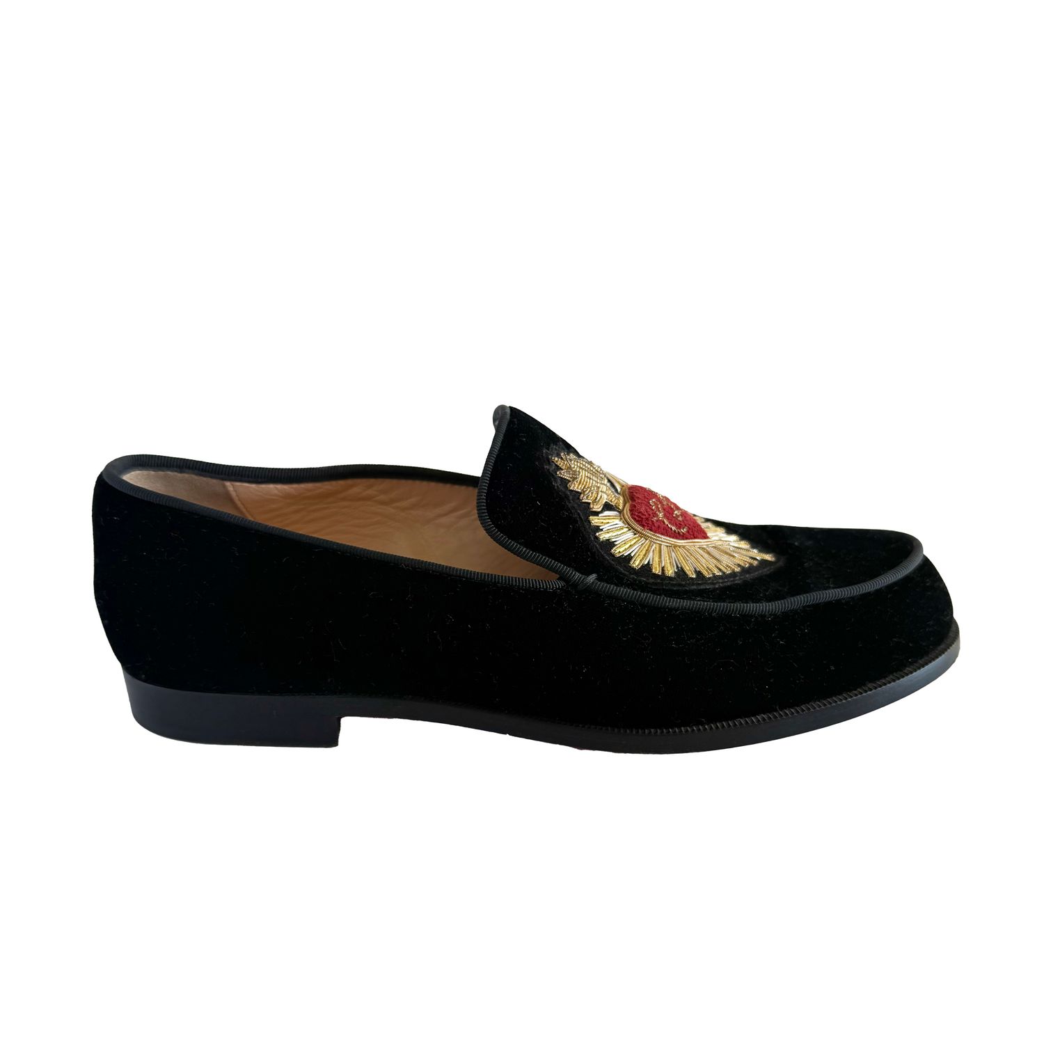 CHRISTIAN LOUBOUTIN BLACK VELVET HEART LOGO LOAFERS (36)