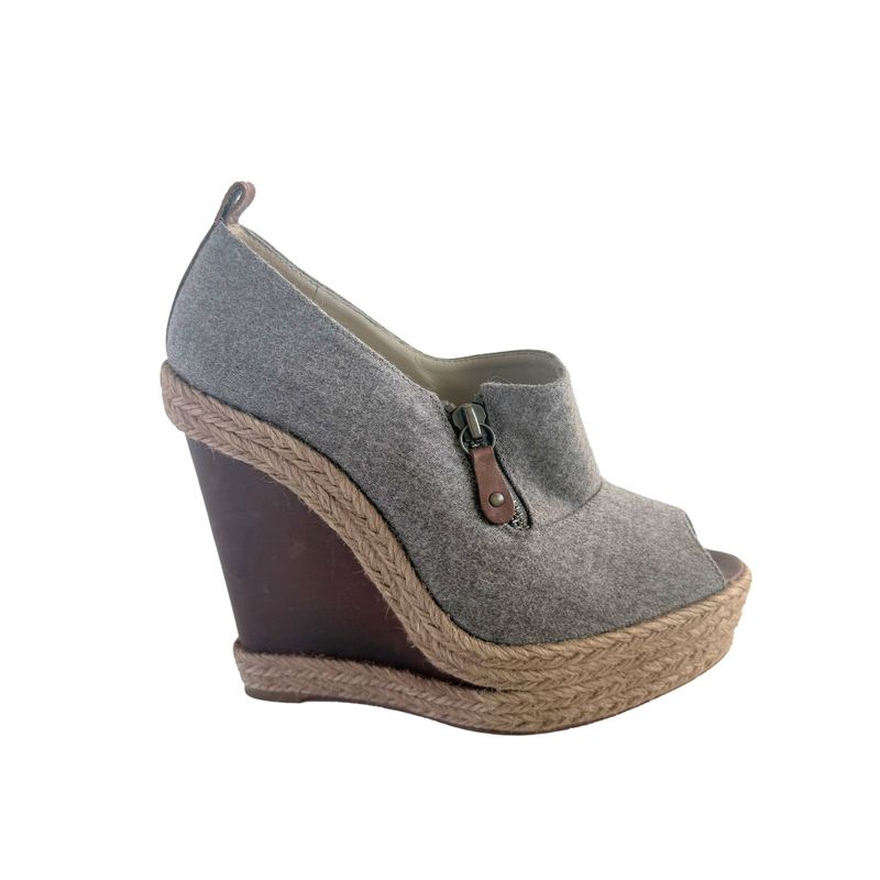 CHRISTIAN LOUBOUTIN ESPADRILLES À TALON COMPENSÉ DEROBA EN LAINE GRIS ET MARRON À BOUT OUVERT (37)