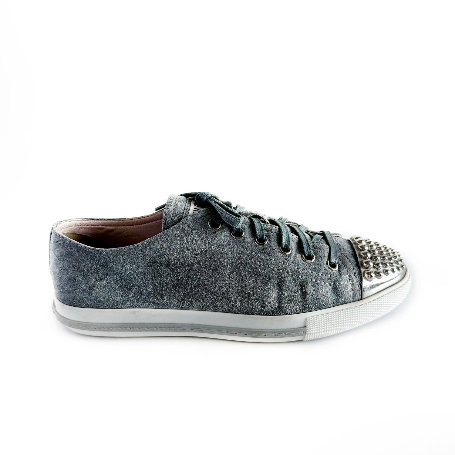 MIU MIU MIDNIGHT BLUE SUEDE STUDDED CAP TOE SNEAKERS- (EU 39)