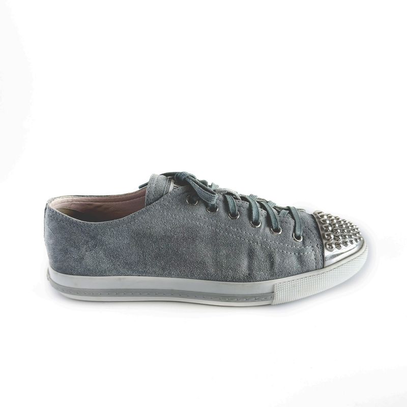 MIU MIU MIDNIGHT BLUE SUEDE STUDDED CAP TOE SNEAKERS- (EU 39)