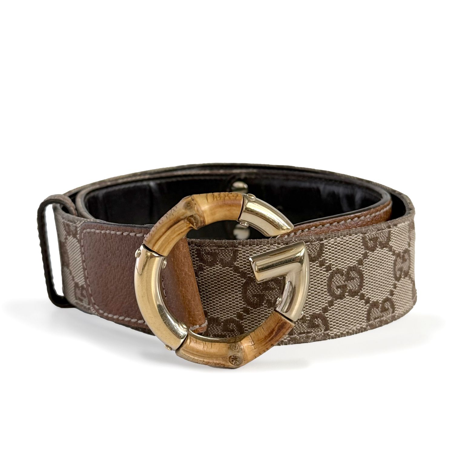 GUCCI MONOGRAM BROWN EBONY BAMBOO G LOGO BELT 80/32