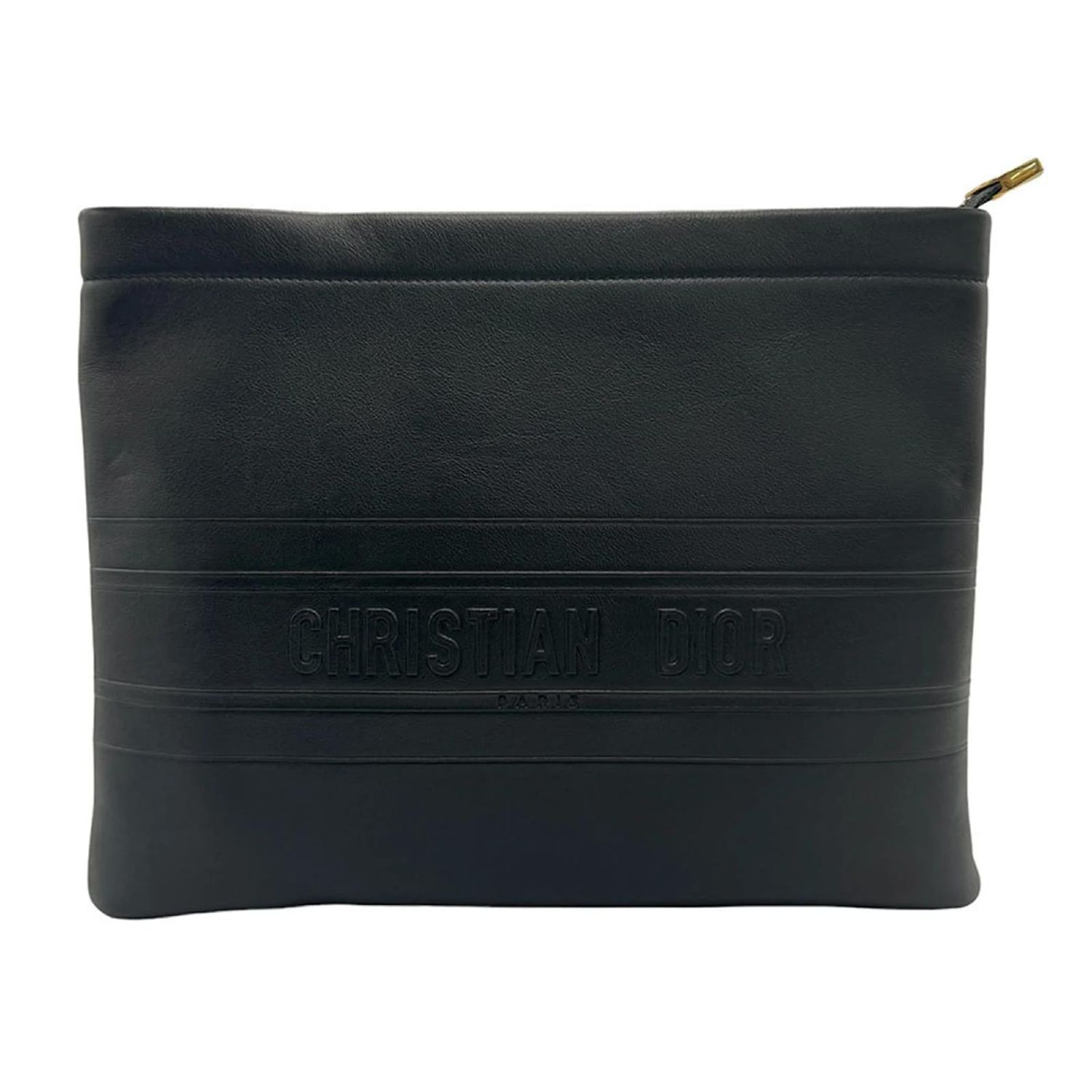 CHRISTIAN DIOR BLACK LEATHER LOGO STRIP ZIP TRAVEL POUCH